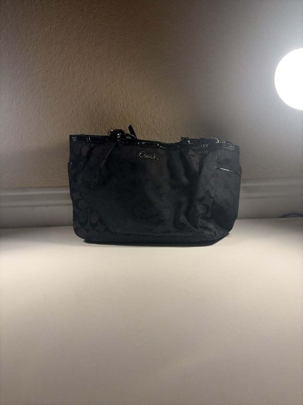 Coach Signature Gallery East West Tote Black Monogram Canvas Shoulder Bag